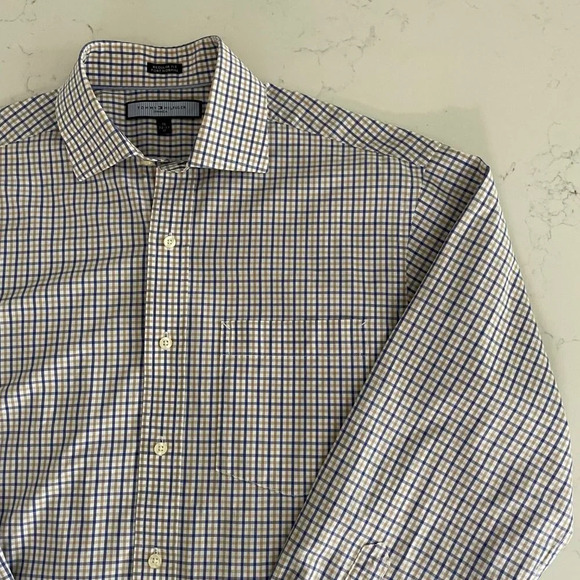 Tommy Hilfiger Ithaca LS Button Down Check Print Dress Shirt Blue Wht Tan Sz 15 - Picture 5 of 12